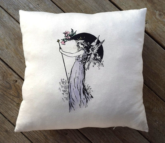 Fairy Queen Crossed Swords vintage design printed throw decor pillow 17 in x 17 in made from 100% organic texas grown cotton and filled with a sustainable and premium cluster  fiber.  Handmade by A Little Pillow Company