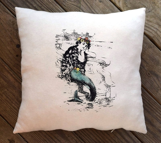 Mermaid Handmade in Virginia organic sustainable throw decor pillows printed with nostalgic designs - sizes  17 in x 17 and 15 in x 15 in. Made by A Little Pillow Company